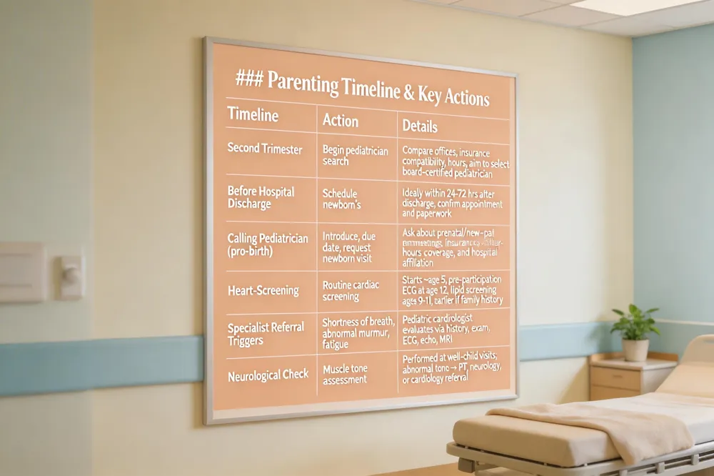 ### Parenting Timeline & Key Actions
| Timeline | Action | Details |
|---|---|---|
| Second Trimester | Begin pediatrician search | Compare offices, insurance compatibility, hours; aim to select board‑certified pediatrician |
| Before Hospital Discharge | Schedule newborn’s first visit | Ideally within 24‑72 hrs after discharge; confirm appointment and paperwork |
| Calling Pediatrician (pre‑birth) | Introduce, due date, request newborn visit | Ask about prenatal/new‑patient meetings, insurance, after‑hours coverage, and hospital affiliation |
| Heart‑Screening | Routine cardiac screening | Starts ~age 5, pre‑participation ECG at age 12, lipid screening ages 9‑11, earlier if family history |
| Specialist Referral Triggers | Shortness of breath, abnormal murmur, fatigue | Pediatric cardiologist evaluates via history, exam, ECG, echo, MRI |
| Neurological Check | Muscle tone assessment | Performed at well‑child visits; abnormal tone → PT, neurology, or cardiology referral |
| 