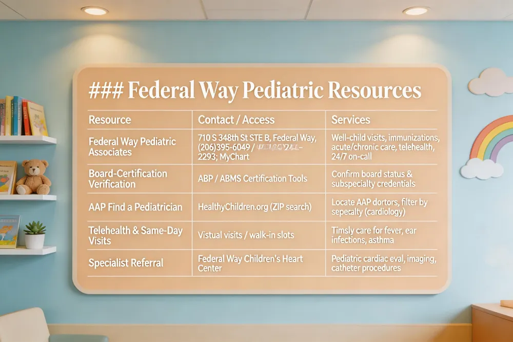 ### Federal Way Pediatric Resources
| Resource | Contact / Access | Services |
|---|---|---|
| Federal Way Pediatric Associates | 710 S 348th St STE B, Federal Way; Phone (206) 395‑6049 / (425) 243‑2293; MyChart portal | Well‑child visits, immunizations, chronic disease management, acute‑illness care, walk‑in/same‑day sick‑visit, telehealth, 24/7 on‑call coverage |
| Board‑Certification Verification | ABP Certification Verification tool; ABMS “Is My Doctor Certified?” | Confirm current board status and subspecialty credentials |
| AAP Find a Pediatrician | HealthyChildren.org (search by ZIP) | Locate AAP‑member doctors, filter by specialty (e.g., pediatric cardiology) |
| Telehealth & Same‑Day Visits | Virtual visits for routine follow‑up & urgent concerns; walk‑in sick‑visit slots | Reduces travel, provides timely care for febrile illnesses, ear infections, asthma, etc. |
| Specialist Referral | Board‑certified pediatric cardiologists at Federal Way Children’s Heart Center | Cardiac evaluation, advanced imaging, catheter‑based procedures |
| 