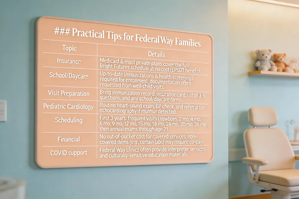 ### Practical Tips for Federal Way Families
| Topic | Details |
|---|---|
| Insurance | Medicaid & most private plans cover the full Bright Futures schedule at no cost (EPSDT benefit). |
| School/Daycare | Up‑to‑date immunizations & health screenings required for enrollment; documentation often requested from well‑child visits. |
| Visit Preparation | Bring immunization record, insurance card, list of 3‑5 questions, and any school/daycare forms. |
| Pediatric Cardiology | Routine heart‑sound exam, BP check, and referral for echocardiography if murmur detected. |
| Scheduling | First 3 years: frequent visits (newborn, 2 mo, 4 mo, 6 mo, 9 mo, 12 mo, 15 mo, 18 mo, 24 mo, 30 mo, 36 mo); then annual exams through age 21. |
| Financial | No out‑of‑pocket cost for covered services; non‑covered items (e.g., certain labs) may require co‑pay. |
| COVID support | Federal Way clinics often provide interpreter services and culturally‑sensitive education materials.