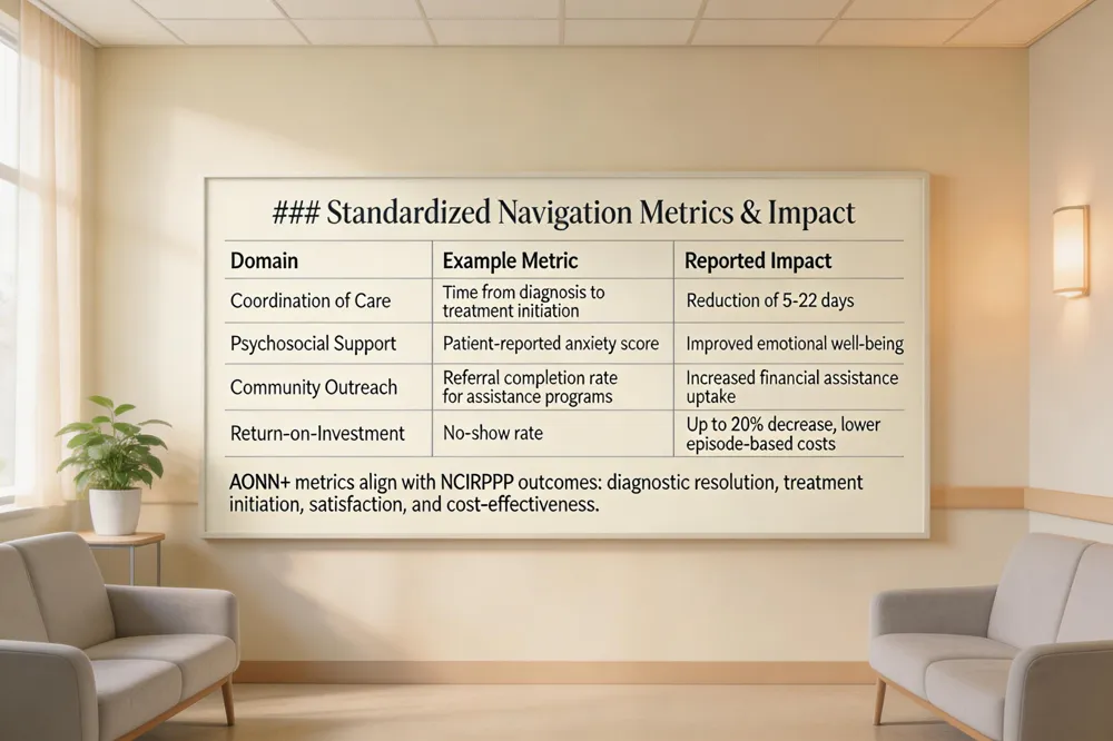 ### Standardized Navigation Metrics & Impact
| Domain | Example Metric | Reported Impact |
|---|---|---|
| Coordination of Care | Time from diagnosis to treatment initiation | Reduction of 5‑22 days |
| Psychosocial Support | Patient‑reported anxiety score | Improved emotional well‑being |
| Community Outreach | Referral completion rate for assistance programs | Increased financial assistance uptake |
| Return‑on‑Investment | No‑show rate | Up to 20 % decrease, lower episode‑based costs |
AONN+ metrics align with NCIRPRP outcomes: diagnostic resolution, treatment initiation, satisfaction, and cost‑effectiveness.