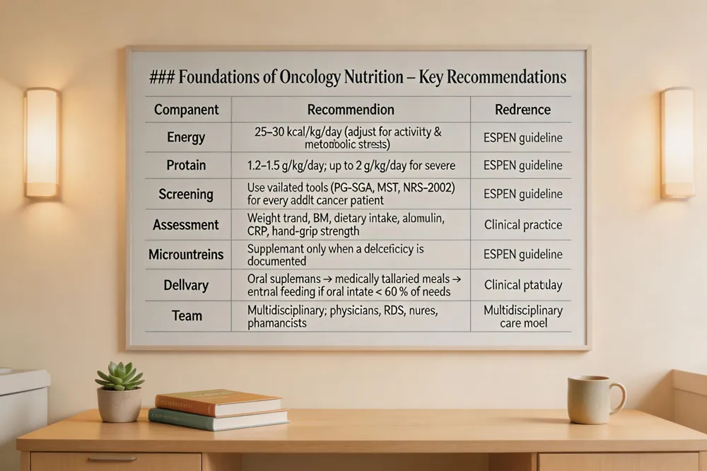 ### Foundations of Oncology Nutrition – Key Recommendations
| Component | Recommendation | Reference |
|---|---|---|
| Energy | 25–30 kcal/kg/day (adjust for activity & metabolic stress) | ESPEN guideline |
| Protein | 1.2–1.5 g/kg/day; up to 2 g/kg/day for severe cachexia | ESPEN guideline |
| Screening | Use validated tools (PG‑SGA, MST, NRS‑2002) for every adult cancer patient | ESPEN guideline |
| Assessment | Weight trend, BMI, dietary intake, albumin, CRP, hand‑grip strength | Clinical practice |
| Micronutrients | Supplement only when a deficiency is documented | ESPEN guideline |
| Delivery | Oral supplements → medically tailored meals → enteral feeding if oral intake < 60 % of needs | Clinical pathway |
| Team | Multidisciplinary: physicians, RDs, nurses, pharmacists | Multidisciplinary care model |
