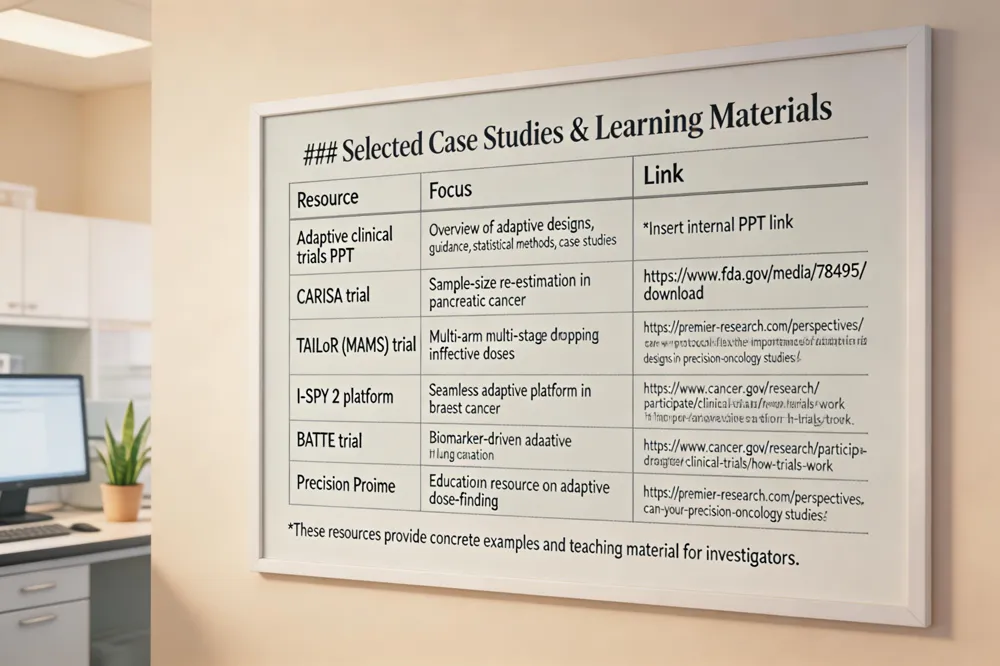 ### Selected Case Studies & Learning Materials
| Resource | Focus | Link |
|---|---|---|
| Adaptive clinical trials PPT | Overview of adaptive designs, guidance, statistical methods, case studies | Insert internal PPT link |
| CARISA trial | Sample‑size re‑estimation in pancreatic cancer | https://www.fda.gov/media/78495/download |
| TAILoR (MAMS) trial | Multi‑arm multi‑stage design dropping ineffective doses | https://premier-research.com/perspectives/can-your-protocol-flex-the-importance-of-adaptive-trial-designs-in-precision-oncology-studies/ |
| I‑SPY 2 platform | Seamless adaptive platform in breast cancer | https://www.cancer.gov/research/participate/clinical-trials/how-trials-work |
| BATTLE trial | Biomarker‑driven adaptive randomisation in lung cancer | https://www.cancer.gov/research/participate/clinical-trials/how-trials-work |
| Precision Promise | Educational resource on adaptive dose‑finding | https://premier-research.com/perspectives/can-your-protocol-flex-the-importance-of-adaptive-trial-designs-in-precision-oncology-studies/ |
These resources provide concrete examples and teaching material for investigators.