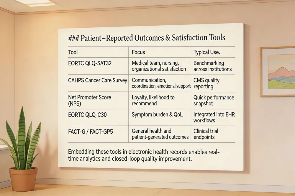 ### Patient‑Reported Outcomes & Satisfaction Tools
| Tool | Focus | Typical Use |
|---|---|---|
| EORTC QLQ‑SAT32 | Medical team, nursing, organizational satisfaction | Benchmarking across institutions |
| CAHPS Cancer Care Survey | Communication, coordination, emotional support | CMS quality reporting |
| Net Promoter Score (NPS) | Loyalty, likelihood to recommend | Quick performance snapshot |
| EORTC QLQ‑C30 | Symptom burden & QoL | Integrated into EHR workflows |
| FACT‑G / FACT‑GP5 | General health and patient‑generated outcomes | Clinical trial endpoints |
Embedding these tools in electronic health records enables real‑time analytics and closed‑loop quality improvement.