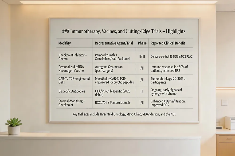 ### Immunotherapy, Vaccines, and Cutting‑Edge Trials – Highlights
| Modality | Representative Agent/Trial | Phase | Reported Clinical Benefit |
|---|---|---|---|
| Checkpoint inhibitor + Chemo | Pembrolizumab + Gemcitabine/Nab‑Paclitaxel | II/III | Disease‑control 45‑50 % in MSS PDAC |
| Personalized mRNA Neoantigen Vaccine | Autogene Cevumeran (post‑surgery) | I/II | Immune response in ~50 % of patients; extended RFS |
| CAR‑T / TCR‑ engineered Cells | Mesothelin‑CAR‑T, TCR‑engineered for cryptic peptides | I/II | Tumor shrinkage 20‑30 % of participants |
| Bispecific Antibodies | CEA/PD‑L1 bispecific (2025 debut) | III | Ongoing, early signals of synergy with chemo |
| Stromal‑Modifying + Checkpoint | BXCL701 + Pembrolizumab | I/II | Enhanced CD8⁺ infiltration, improved ORR |
Key trial sites include Hirschfeld Oncology, Mayo Clinic, MD Anderson, and the NCI.