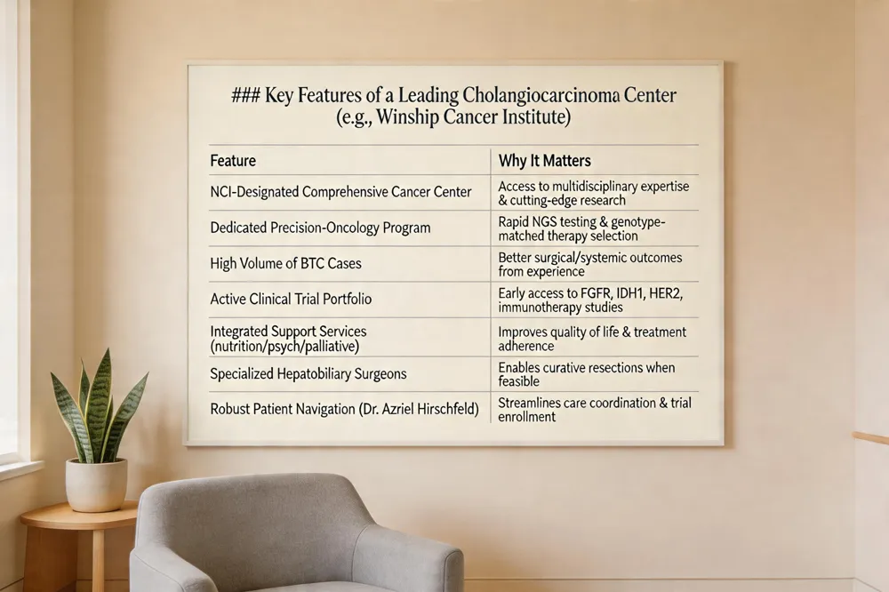 ### Key Features of a Leading Cholangiocarcinoma Center (e.g., Winship Cancer Institute)
| Feature | Why It Matters |
|---|---|
| NCI‑Designated Comprehensive Cancer Center | Access to multidisciplinary expertise and cutting‑edge research |
| Dedicated Precision‑Oncology Program | Rapid NGS testing & genotype‑matched therapy selection |
| High Volume of BTC Cases | Experience translates to better surgical and systemic outcomes |
| Active Clinical Trial Portfolio | Early access to FGFR, IDH1, HER2, and immunotherapy studies |
| Integrated Support Services (nutrition, psychosocial, palliative) | Improves quality of life and treatment adherence |
| Specialized Hepatobiliary Surgeons | Enables curative resections when feasible |
| Robust Patient Navigation (e.g., Dr. Azriel Hirschfeld) | Streamlines care coordination and trial enrollment |
