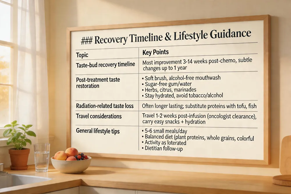 ### Recovery Timeline & Lifestyle Guidance
| Topic | Key Points |
|---|---|
| Taste‑bud recovery timeline | Most improvement 3‑14 weeks post‑chemo; subtle changes may linger up to 1 year |
| Post‑treatment taste restoration | • Continue oral hygiene (soft brush, alcohol‑free mouthwash)
• Stimulate saliva (sugar‑free gum, water)
• Use herbs, citrus, marinades
• Stay hydrated, avoid tobacco/alcohol |
| Radiation‑related taste loss | Often longer lasting; substitute problematic proteins with milder options (e.g., tofu, fish) |
| Travel considerations | Travel when blood counts recovered (usually 1‑2 weeks after infusion); obtain oncologist clearance; carry easy‑to‑digest snacks and hydration supplies |
| General lifestyle tips | • Small, frequent meals (5‑6 /day)
• Balanced diet rich in plant proteins, whole grains, colorful fruits/vegetables
• Regular physical activity as tolerated
• Ongoing follow‑up with dietitian for monitoring weight and nutrient status |
