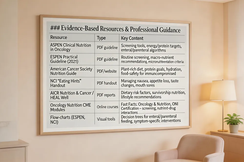 ### Evidence‑Based Resources & Professional Guidance
| Resource | Type | Key Content |
|---|---|---|
| ASPEN Clinical Nutrition in Oncology | PDF guideline | Screening tools, energy/protein targets, enteral/parenteral algorithms |
| ESPEN Practical Guideline (2021) | PDF guideline | Routine screening, macro‑nutrient recommendations, micronutrient supplementation criteria |
| American Cancer Society Nutrition Guide | PDF/website | Plant‑rich diet, protein goals, hydration, food‑safety for immunocompromised |
| NCI “Eating Hints” Handout | PDF handout | Managing nausea, appetite loss, taste changes, mouth sores |
| AICR Nutrition & Cancer / HEAL Well | PDF reports | Dietary risk factors, survivorship nutrition, lifestyle recommendations |
| Oncology Nutrition CME Modules | Online courses | Fast Facts: Oncology & Nutrition, ONI Certification – screening, nutrient‑drug interactions |
| Flow‑charts (ESPEN, NCI) | Visual tools | Decision trees for enteral/parenteral feeding, symptom‑specific interventions |
