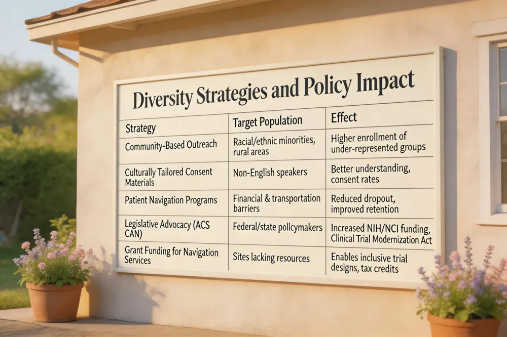 Diversity Strategies and Policy Impact
| Strategy | Target Population | Effect |
|---|---|---|
| Community‑Based Outreach | Racial/ethnic minorities, rural areas | Higher enrollment of under‑represented groups |
| Culturally Tailored Consent Materials | Non‑English speakers | Better understanding, consent rates |
| Patient Navigation Programs | Financial & transportation barriers | Reduced dropout, improved retention |
| Legislative Advocacy (ACS CAN) | Federal/state policymakers | Increased NIH/NCI funding, Clinical Trial Modernization Act |
| Grant Funding for Navigation Services | Sites lacking resources | Enables inclusive trial designs, tax credits |
