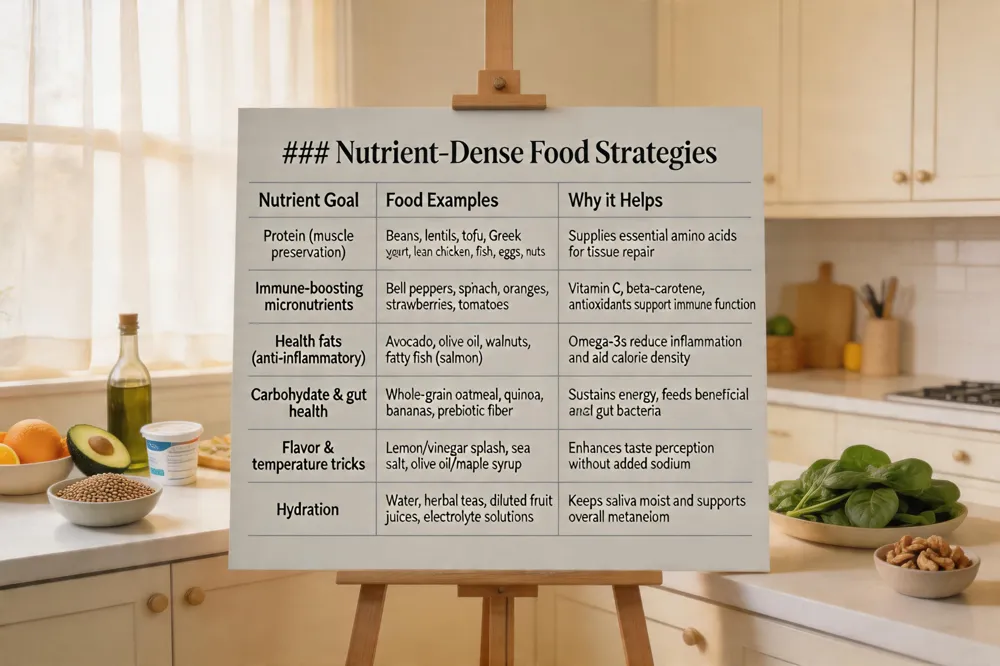 ### Nutrient‑Dense Food Strategies
| Nutrient Goal | Food Examples | Why it Helps |
|---|---|---|
| Protein (muscle preservation) | Beans, lentils, tofu, Greek yogurt, lean chicken, fish, eggs, nuts | Supplies essential amino acids for tissue repair |
| Immune‑boosting micronutrients | Bell peppers, spinach, oranges, strawberries, tomatoes | Vitamin C, beta‑carotene, antioxidants support immune function |
| Healthy fats (anti‑inflammatory) | Avocado, olive oil, walnuts, fatty fish (salmon) | Omega‑3s reduce inflammation and aid calorie density |
| Carbohydrate & gut health | Whole‑grain oatmeal, quinoa, bananas, prebiotic fiber | Sustains energy, feeds beneficial gut bacteria |
| Flavor & temperature tricks | Lemon/vinegar splash, pinch of sea salt, drizzle of olive oil or maple syrup | Enhances taste perception without added sodium |
| Hydration | Water, herbal teas, diluted fruit juices, electrolyte solutions | Keeps saliva moist and supports overall metabolism |
