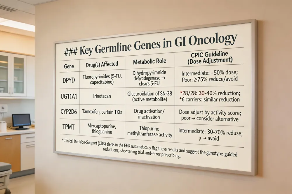 ### Key Germline Genes in GI Oncology
| Gene | Drug(s) Affected | Metabolic Role | CPIC Guideline (Dose Adjustment) |
|---|---|---|---|
| DPYD | Fluoropyrimides (5‑FU, capecitabine) | Dihydropyrimidine dehydrogenase activity → clearance of 5‑FU | Intermediate metabolizers: ‑50% dose; Poor metabolizers: ≥75% reduction or avoid |
| UGT1A1 | Irinotecan | Glucuronidation of SN‑38 (active metabolite) | 28/28 homozygotes: 30‑40% reduction; *6 carriers: similar reduction per CPIC |
| CYP2D6 | Tamoxifen, certain TKIs | Activation/inactivation of drug | Dose adjustment based on activity score (poor → consider alternative) |
| TPMT | Mercaptopurine, thioguanine | Thiopurine methyltransferase activity | Reduce dose 30‑70% for intermediate; avoid for poor |
Clinical Decision‑Support (CDS) alerts in the EHR automatically flag these results and suggest the genotype‑guided reductions, shortening trial‑and‑error prescribing.