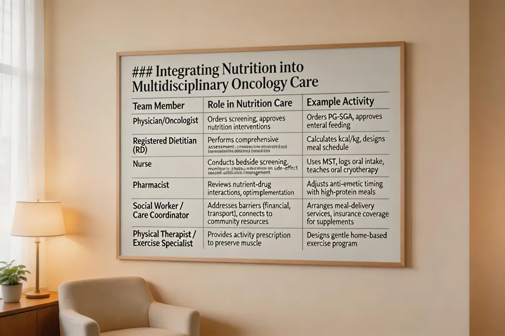 ### Integrating Nutrition into Multidisciplinary Oncology Care
| Team Member | Role in Nutrition Care | Example Activity |
|---|---|---|
| Physician/Oncologist | Orders screening, approves nutrition interventions | Orders PG‑SGA, approves enteral feeding |
| Registered Dietitian (RD) | Performs comprehensive assessment, creates individualized plan | Calculates kcal/kg, designs meal schedule |
| Nurse | Conducts bedside screening, monitors intake, educates on side‑effect management | Uses MST, logs oral intake, teaches oral cryotherapy |
| Pharmacist | Reviews nutrient‑drug interactions, optimizes supplementation | Adjusts anti‑emetic timing with high‑protein meals |
| Social Worker / Care Coordinator | Addresses barriers (financial, transport), connects to community resources | Arranges meal‑delivery services, insurance coverage for supplements |
| Physical Therapist / Exercise Specialist | Provides activity prescription to preserve muscle | Designs gentle home‑based exercise program |
