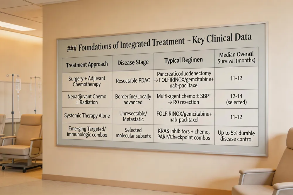 ### Foundations of Integrated Treatment – Key Clinical Data
| Treatment Approach | Disease Stage | Typical Regimen | Median Overall Survival (months) |
|---|---|---|---|
| Surgery + Adjuvant Chemotherapy | Resectable PDAC | Pancreaticoduodenectomy or distal pancreatectomy → FOLFIRINOX or gemcitabine + nab‑paclitaxel | 11‑12 |
| Neoadjuvant Chemotherapy ± Radiation | Borderline‑resectable / Locally advanced | Same multi‑agent chemo ± SBRT or concurrent chemoradiation → R0 resection if possible | 12‑14 (selected) |
| Systemic Therapy Alone | Unresectable / Metastatic | FOLFIRINOX or gemcitabine + nab‑paclitaxel (first‑line) | 11‑12 |
| Emerging Targeted/Immunologic combos | Selected molecular subsets | KRAS inhibitors + chemo, PARP inhibitors for BRCA, checkpoint blockade combos | Up to 5 % durable disease control (real‑world) |