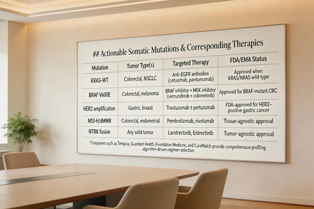 ### Actionable Somatic Mutations & Corresponding Therapies
| Mutation | Tumor Type(s) | Targeted Therapy | FDA/EMA Status |
|---|---|---|---|
| KRAS‑WT | Colorectal, NSCLC | Anti‑EGFR antibodies (cetuximab, panitumumab) | Approved when KRAS/NRAS wild‑type |
| BRAF V600E | Colorectal, melanoma | BRAF inhibitor + MEK inhibitor (vemurafenib + cobimetinib) | Approved for BRAF‑mutant CRC |
| HER2 amplification | Gastric, breast | Trastuzumab ± pertuzumab | FDA‑approved for HER2‑positive gastric cancer |
| MSI‑H/dMMR | Colorectal, endometrial | Pembrolizumab, nivolumab | Tissue‑agnostic approval |
| NTRK fusion | Any solid tumor | Larotrectinib, Entrectinib | Tumor‑agnostic approval |
Companies such as Tempus, Guardant Health, Foundation Medicine, and CureMatch provide comprehensive profiling and algorithm‑driven regimen selection.
