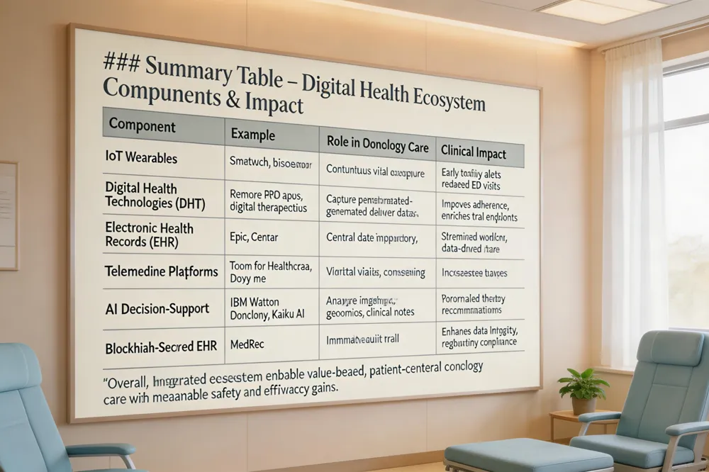 ### Summary Table – Digital Health Ecosystem Components & Impact
| Component | Example | Role in Oncology Care | Clinical Impact |
|---|---|---|---|
| IoT Wearables | Smartwatch, biosensor patches | Continuous vital sign capture | Early toxicity alerts, reduced ED visits |
| Digital Health Technologies (DHT) | Remote PRO apps, digital therapeutics | Capture patient‑generated data, deliver interventions | Improves adherence, enriches trial endpoints |
| Electronic Health Records (EHR) | Epic, Cerner | Central data repository, decision support | Streamlined workflow, data‑driven care |
| Telemedicine Platforms | Zoom for Healthcare, Doxy.me | Virtual visits, remote counseling | Increases access, reduces travel burden |
| AI Decision‑Support | IBM Watson Oncology, Kaiku AI | Analyze imaging, genomics, clinical notes | Personalized therapy recommendations |
| Blockchain‑Secured EHR | MedRec | Immutable audit trail for device data | Enhances data integrity, regulatory compliance |
Overall effect: Integrated ecosystem enables value‑based, patient‑centered oncology care with measurable safety and efficiency gains.