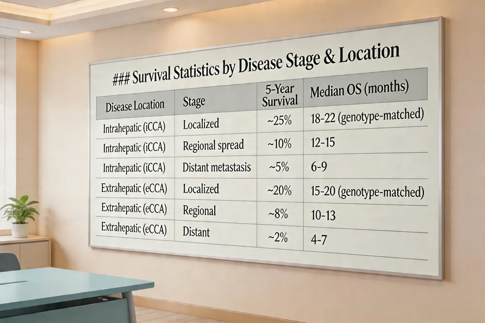 ### Survival Statistics by Disease Stage & Location
| Disease Location | Stage | 5‑Year Survival | Median OS (months) |
|---|---|---|---|
| Intrahepatic (iCCA) | Localized | ~25 % | 18‑22 (genotype‑matched) |
| Intrahepatic (iCCA) | Regional spread | ~10 % | 12‑15 |
| Intrahepatic (iCCA) | Distant metastasis | ~5 % | 6‑9 |
| Extrahepatic (eCCA) | Localized | ~20 % | 15‑20 (genotype‑matched) |
| Extrahepatic (eCCA) | Regional | ~8 % | 10‑13 |
| Extrahepatic (eCCA) | Distant | ~2 % | 4‑7 |
