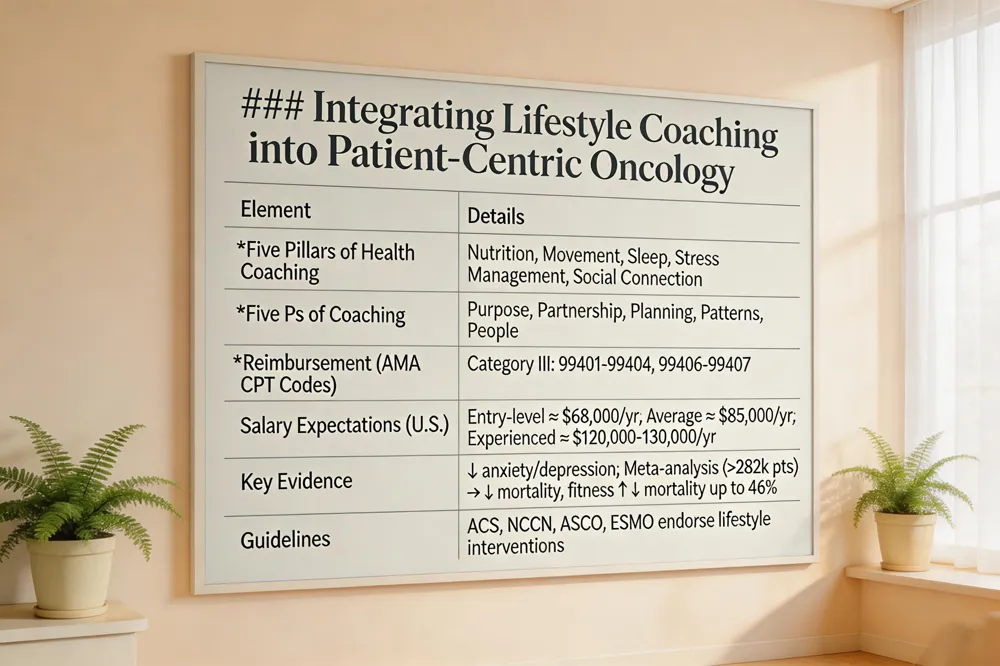 ### Integrating Lifestyle Coaching into Patient‑Centric Oncology
| Element | Details |
|---|---|
| Five Pillars of Health Coaching | Nutrition, Movement, Sleep, Stress Management, Social Connection |
| Five Ps of Coaching | Purpose, Partnership, Planning, Patterns, People |
| Reimbursement (AMA CPT Codes) | Category III: 99401‑99404 (health‑behavior assessment & counseling), 99406‑99407 (smoking‑cessation counseling) |
| Salary Expectations (U.S.) | Entry‑level ≈ $68,000/yr; Average ≈ $85,000/yr; Experienced ≈ $120,000‑$130,000/yr |
| Key Evidence | Systematic reviews: health coaching ↓ anxiety/depression (risk factors ↑ recurrence 24 % & mortality 76 %); Meta‑analysis (>282k breast cancer pts) → better mental health ↓ all‑cause mortality; fitness ↑ ↓ mortality up to 46 % |
| Guidelines | ACS, NCCN, ASCO, ESMO endorse lifestyle interventions across the cancer continuum |
