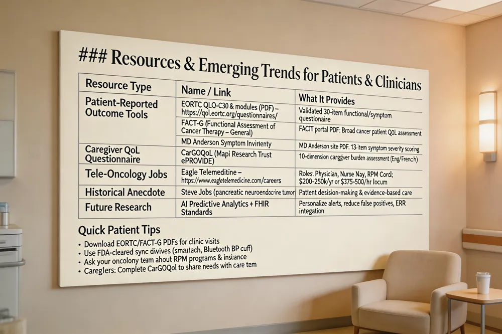 ### Resources & Emerging Trends for Patients & Clinicians
| Resource Type | Name / Link | What It Provides | |---------------|------------|-------------------| | Patient‑Reported Outcome Tools | EORTC QLQ‑C30 & modules (download PDF) – https://qol.eortc.org/questionnaires/ | Validated 30‑item questionnaire for functional & symptom domains | | | FACT‑G (Functional Assessment of Cancer Therapy – General) | FACIT portal (PDF) | Broad QoL assessment for cancer patients | | | MD Anderson Symptom Inventory | MD Anderson Cancer Center site (PDF) | Symptom severity scoring across 13 items | | Caregiver QoL Questionnaire | CarGOQoL (Caregiver Oncology Quality of Life) via Mapi Research Trust ePROVIDE platform | 10‑dimension caregiver burden assessment (English/French) | | Job Opportunities in Tele‑Oncology | Eagle Telemedicine, CompHealth – https://www.eagletelemedicine.com/careers | Roles: physician, nurse navigator, RPM coordinator, program manager; salaries $200‑$250 k/yr or $375‑$500/hr locum | | Historical Anecdote | Steve Jobs & pancreatic neuroendocrine tumor (public narrative) | Highlights patient decision‑making challenges and importance of evidence‑based care | | Future Research Directions | Integration of AI‑driven predictive analytics into RPM platforms; expansion of interoperable data standards (FHIR) | Aim to further personalize alerts, reduce false‑positives, and streamline EHR integration |
Quick Patient Tips
- Download the EORTC or FACT‑G PDFs and keep them handy for clinic visits.
- Use FDA‑cleared devices (e.g., smart‑watches, Bluetooth BP cuffs) that sync automatically.
- Ask your oncology team about available RPM programs and insurance coverage.
- If you are a caregiver, consider completing the CarGOQoL to communicate needs to the care team.