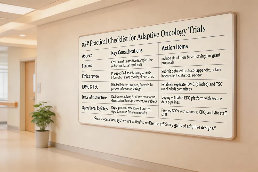 ### Practical Checklist for Adaptive Oncology Trials
| Aspect | Key Considerations | Action Items |
|---|---|---|
| Funding | Cost‑benefit narrative (sample‑size reduction, faster read‑out) | Include simulation‑based savings in grant proposals |
| Ethics review | Pre‑specified adaptations, patient‑information sheets covering all scenarios | Submit detailed protocol appendix; obtain independent statistical review |
| IDMC & TSC | Blinded interim analyses, firewalls to prevent information leakage | Establish separate IDMC (blinded) and TSC (unblinded) committees |
| Data infrastructure | Real‑time capture, AI‑driven monitoring, decentralized tools (e‑consent, wearables) | Deploy validated EDC platform with secure data pipelines |
| Operational logistics | Rapid protocol amendment process, rapid turnaround for interim results | Pre‑ne SOPs with sponsor, CRO, and site staff |
Robust operational systems are critical to realize the efficiency gains of adaptive designs.