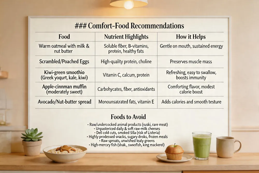 ### Comfort‑Food Recommendations
| Food | Nutrient Highlights | How it Helps |
|---|---|---|
| Warm oatmeal with milk & nut butter | Soluble fiber, B‑vitamins, protein, healthy fats | Gentle on mouth, sustained energy |
| Scrambled or poached eggs | High‑quality protein, choline | Preserves muscle mass |
| Kiwi‑green smoothie (Greek yogurt, kale, kiwi) | Vitamin C, calcium, protein | Refreshing, easy to swallow, boosts immunity |
| Apple‑cinnamon muffin (moderately sweet) | Carbohydrates, fiber, antioxidants | Comforting flavor, modest calorie boost |
| Avocado or nut‑butter spread | Monounsaturated fats, vitamin E | Adds calories and smooth texture |
Foods to Avoid
- Raw/undercooked animal products (e.g., sushi, rare meat)
- Unpasteurized dairy & soft raw‑milk cheeses
- Deli cold cuts, smoked fish (risk of Listeria)
- Highly processed snacks, sugary drinks, frozen meals
- Raw sprouts, unwashed leafy greens
- High‑mercury fish (shark, swordfish, king mackerel) 