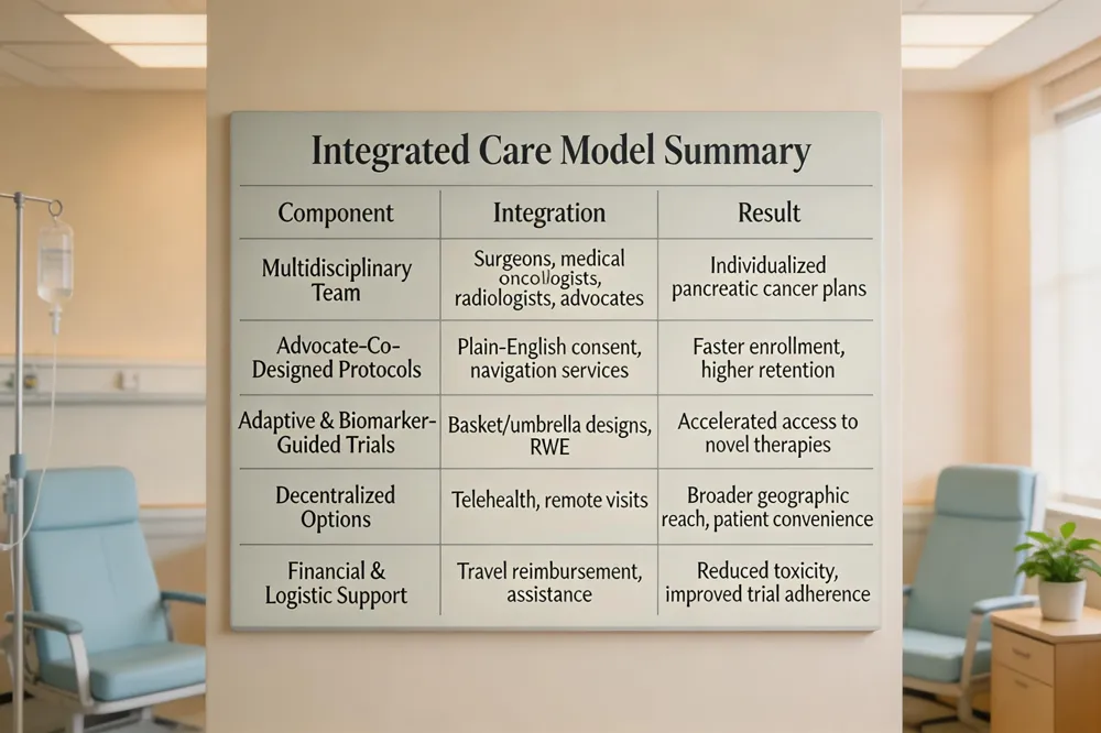 Integrated Care Model Summary
| Component | Integration | Result |
|---|---|---|
| Multidisciplinary Team | Surgeons, medical oncologists, radiologists, advocates | Individualized pancreatic cancer plans |
| Advocate‑Co‑Designed Protocols | Plain‑English consent, navigation services | Faster enrollment, higher retention |
| Adaptive & Biomarker‑Guided Trials | Basket/umbrella designs, RWE | Accelerated access to novel therapies |
| Decentralized Options | Telehealth, remote visits | Broader geographic reach, patient convenience |
| Financial & Logistic Support | Travel reimbursement, assistance assistance | Reduced toxicity, improved trial adherence |
