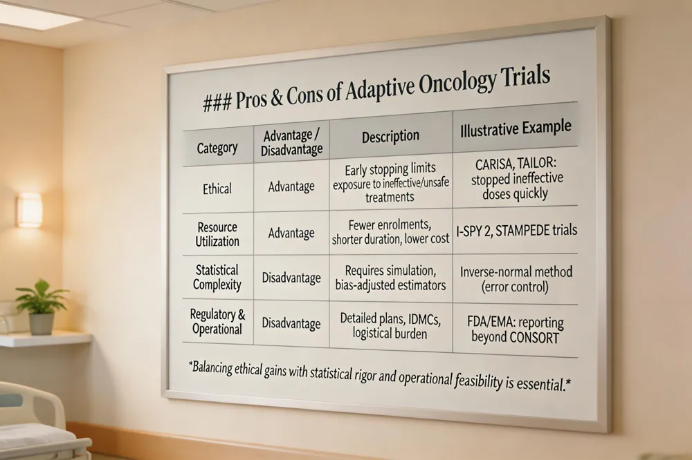 ### Pros & Cons of Adaptive Oncology Trials
| Category | Advantage / Disadvantage | Description | Illustrative Example |
|---|---|---|---|
| Ethical | Advantage | Early stopping limits exposure to ineffective or unsafe treatments | CARISA (sample‑size re‑estimation) & TAILoR (MAMS) dropped ineffective doses quickly |
| Resource Utilization | Advantage | Fewer enrolments, shorter duration, shared control arms reduce cost | I‑SPY 2 platform trial, STAMPEDE master‑protocol |
| Statistical Complexity | Disadvantage | Requires extensive simulation, bias‑adjusted estimators, combination tests | Need for inverse‑normal method to maintain error control |
| Regulatory & Operational | Disadvantage | Detailed adaptation plans, independent IDMCs, strict firewalls increase logistical burden | FDA/EMA demands transparent reporting beyond CONSORT |
Balancing ethical gains with statistical rigor and operational feasibility is essential.
