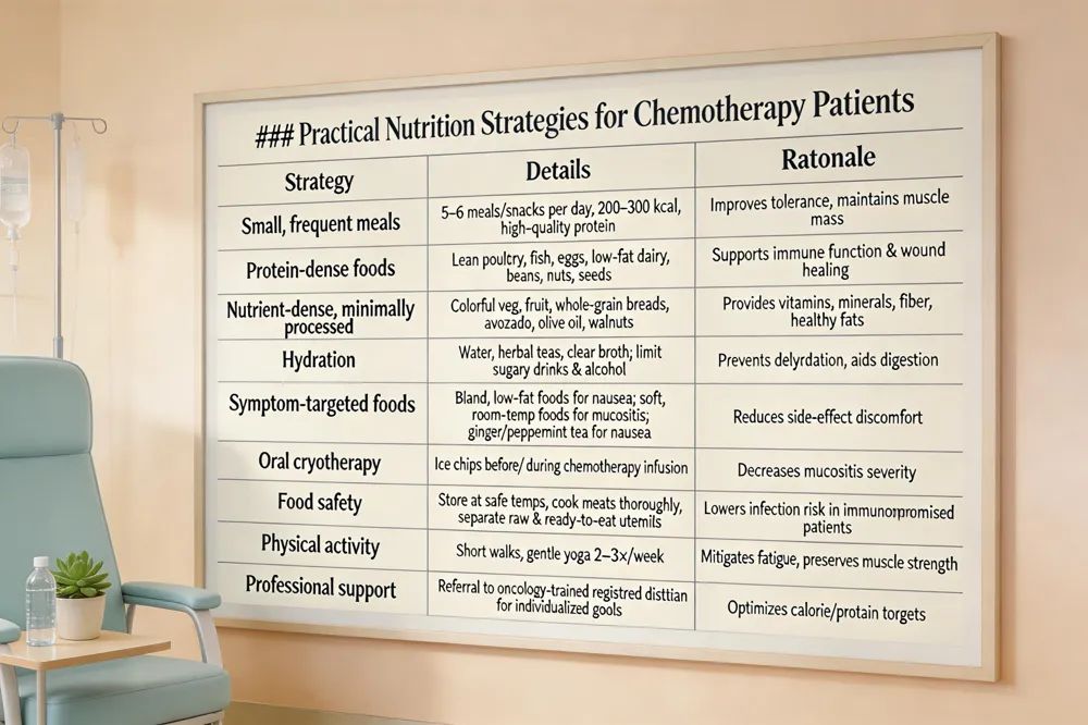 ### Practical Nutrition Strategies for Chemotherapy Patients
| Strategy | Details | Rationale |
|---|---|---|
| Small, frequent meals | 5–6 meals/snacks per day, each 200–300 kcal, rich in high‑quality protein | Improves tolerance, maintains muscle mass |
| Protein‑dense foods | Lean poultry, fish, eggs, low‑fat dairy, beans, nuts, seeds | Supports immune function & wound healing |
| Nutrient‑dense, minimally processed | Colorful veg, fruit, whole‑grain breads, avocado, olive oil, walnuts | Provides vitamins, minerals, fiber, healthy fats |
| Hydration | Water, herbal teas, clear broth; limit sugary drinks & alcohol | Prevents dehydration, aids digestion |
| Symptom‑targeted foods | Bland, low‑fat foods for nausea; soft, room‑temp foods for mucositis; ginger/peppermint tea for nausea | Reduces side‑effect discomfort |
| Oral cryotherapy | Ice chips before/ during chemotherapy infusion | Decreases mucositis severity |
| Food safety | Store at safe temps, cook meats thoroughly, separate raw & ready‑to‑eat utensils | Lowers infection risk in immunocompromised patients |
| Physical activity | Short walks, gentle yoga 2–3×/week | Mitigates fatigue, preserves muscle strength |
| Professional support | Referral to oncology‑trained registered dietitian for individualized goals | Optimizes calorie/protein targets |
