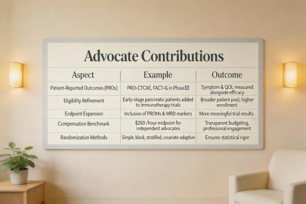 Advocate Contributions
| Aspect | Example | Outcome |
|---|---|---|
| Patient‑Reported Outcomes (PROs) | PRO‑CTCAE, FACT‑G in Phase III | Symptom & QOL measured alongside efficacy |
| Eligibility Refinement | Early‑stage pancreatic patients added to immunotherapy trials | Broader patient pool, higher enrollment |
| Endpoint Expansion | Inclusion of PROMs & MRD markers | More meaningful trial results |
| Compensation Benchmark | $250 / hour midpoint for independent advocates | Transparent budgeting, professional engagement |
| Randomization Methods | Simple, block, stratified, covariate‑adaptive | Ensures statistical rigor |
