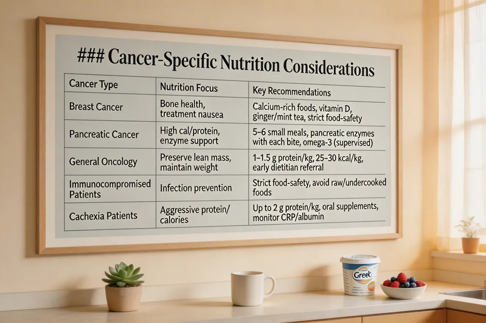 ### Cancer‑Specific Nutrition Considerations
| Cancer Type | Nutrition Focus | Key Recommendations |
|---|---|---|
| Breast Cancer | Bone health, managing treatment‑related nausea | Calcium‑rich foods, vitamin D, ginger/mint tea, strict food‑safety |
| Pancreatic Cancer | High caloric & protein intake, enzyme support | 5–6 small meals, pancreatic enzyme replacement with each bite, omega‑3 supplementation under supervision |
| General Oncology | Preserve lean body mass, maintain weight | 1–1.5 g protein/kg body weight, 25–30 kcal/kg/day, early dietitian referral |
| Immunocompromised Patients | Infection prevention | Strict food‑safety (temperature control, separate utensils), avoid raw/undercooked foods |
| Patients with Cachexia | Aggressive protein & calorie targets | Up to 2 g protein/kg/day, consider oral nutrition supplements, monitor labs (CRP, albumin) |
