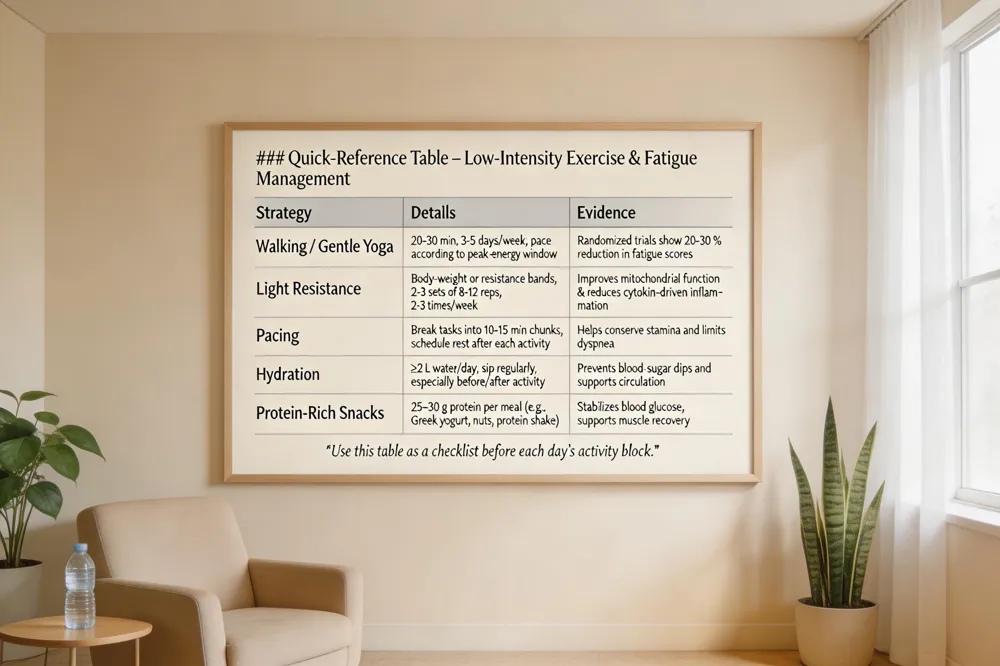 ### Quick‑Reference Table – Low‑Intensity Exercise & Fatigue Management
| Strategy | Details | Evidence |
|---|---|---|
| Walking / Gentle Yoga | 20‑30 min, 3‑5 days/week; pace according to peak‑energy window | Randomized trials show 20‑30 % reduction in fatigue scores |
| Light Resistance | Body‑weight or resistance bands, 2‑3 sets of 8‑12 reps, 2‑3 times/week | Improves mitochondrial function & reduces cytokine‑driven inflammation |
| Pacing | Break tasks into 10‑15 min chunks, schedule rest after each activity | Helps conserve stamina and limits dyspnea |
| Hydration | ≥2 L water/day; sip regularly, especially before/after activity | Prevents blood‑sugar dips and supports circulation |
| Protein‑Rich Snacks | 25–30 g protein per meal (e.g., Greek yogurt, nuts, protein shake) | Stabilizes blood glucose, supports muscle recovery |
Use this table as a checklist before each day’s activity block.