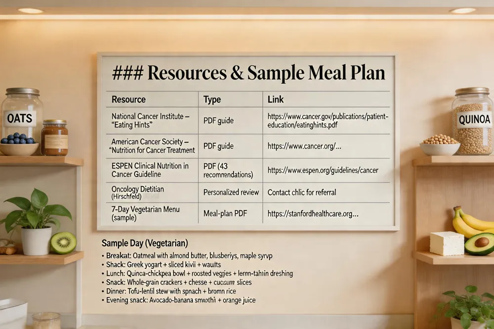 ### Resources & Sample Meal Plan
| Resource | Type | Link |
|---|---|---|
| National Cancer Institute – “Eating Hints” | PDF guide | https://www.cancer.gov/publications/patient-education/eatinghints.pdf |
| American Cancer Society – “Nutrition for the Person Getting Cancer Treatment” | PDF guide | https://www.cancer.org/cancer/risk-prevention/diet-physical-activity/acs-guidelines-nutrition-physical-activity-cancer-prevention.html |
| ESPEN Clinical Nutrition in Cancer Guideline | PDF with 43 recommendations | https://www.espen.org/guidelines/cancer |
| Oncology Dietitian (Hirschfeld) | Personalized dietitian review | Contact clinic for referral |
| 7‑Day Vegetarian Menu (sample) | Meal‑plan PDF | https://stanfordhealthcare.org/medical-clinics/cancer-nutrition-services/during-cancer-treatment/nutrition-during-chemo.html |
Sample Day (Vegetarian)
- Breakfast: Oatmeal with almond butter, blueberries, and a drizzle of maple syrup
- Snack: Greek yogurt with sliced kiwi and a sprinkle of walnuts
- Lunch: Quinoa‑chickpea bowl with roasted vegetables, lemon‑tahini dressing
- Snack: Whole‑grain crackers with cheese and cucumber slices
- Dinner: Tofu‑lentil stew with spinach, served with brown rice
- Evening snack: Avocado‑banana smoothie with a splash of orange juice 