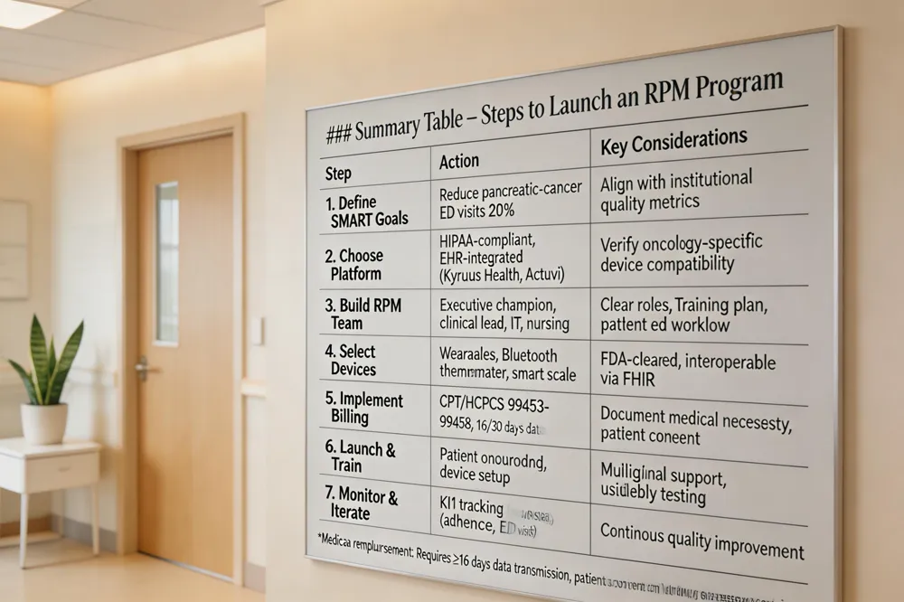 ### Summary Table – Steps to Launch an RPM Program
| Step | Action | Key Considerations |
|---|---|---|
| 1. Define SMART Goals | Example: Reduce pancreatic‑cancer ED visits 20 % | Align with institutional quality metrics |
| 2. Choose Platform | HIPAA‑compliant, EHR‑integrated (e.g., Kyruus Health, Actuvi) | Verify oncology‑specific device compatibility |
| 3. Build RPM Team | Executive champion, clinical lead, IT, nursing staff | Clear roles, training plan, patient education workflow |
| 4. Select Devices | Wearables, Bluetooth thermometer, smart scale | Ensure FDA‑cleared, interoperable via FHIR |
| 5. Implement Billing | CPT/HCPCS 99453‑99458; 16/30 days data transmission | Document medical necessity, patient consent |
| 6. Launch & Train | Patient onboarding, device setup, alert protocol | Multilingual support, usability testing |
| 7. Monitor & Iterate | KPI tracking (adherence, alerts, ED visits) | Continuous quality improvement, model re‑validation |
Medicare reimbursement: Requires ≥16 days of data transmission per month, patient consent, and medically necessary service.