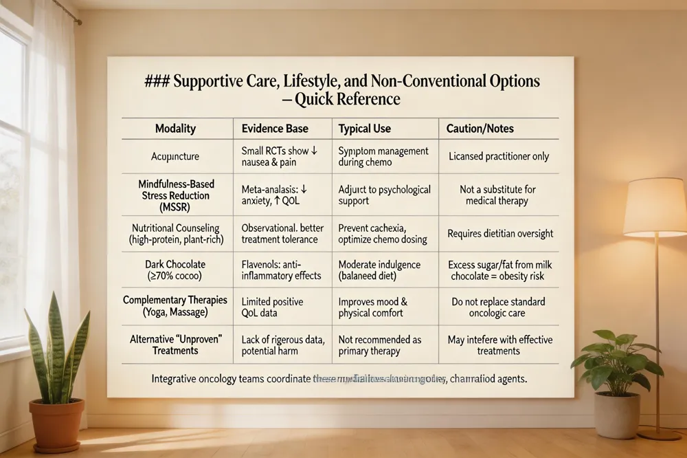 ### Supportive Care, Lifestyle, and Non‑Conventional Options – Quick Reference
| Modality | Evidence Base | Typical Use | Caution/Notes |
|---|---|---|---|
| Acupuncture | Small RCTs show ↓ nausea & pain | Symptom management during chemo | Should be performed by licensed practitioner |
| Mindfulness‑Based Stress Reduction (MBSR) | Meta‑analysis: ↓ anxiety, ↑ QoL | Adjunct to psychological support | Not a substitute for medical therapy |
| Nutritional Counseling (high‑protein, plant‑rich) | Observational: better tolerance to treatment | Prevent/cachexia, optimize chemo dosing | Requires dietitian oversight |
| Dark Chocolate (≥70 % cocoa) | Flavanols have anti‑inflammatory effects | Moderate indulgence as part of balanced diet | Excess sugar/fat from milk chocolate may contribute to obesity |
| Complementary Therapies (Yoga, Massage) | Limited but positive QoL data | Improves mood & physical comfort | Should not replace standard oncologic care |
| Alternative “Unproven” Treatments | Lack of rigorous data, potential harm | Not recommended as primary therapy | May interfere with effective treatments |
Integrative oncology teams coordinate these modalities alongside surgery, chemo, radiation, and targeted agents.
