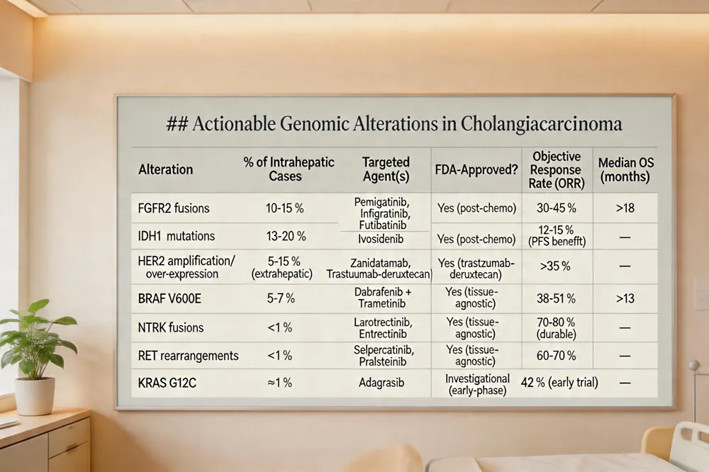 ### Actionable Genomic Alterations in Cholangiocarcinoma
| Alteration | % of Intrahepatic Cases | Targeted Agent(s) | FDA‑Approved? | Objective Response Rate (ORR) | Median OS (months) |
|---|---|---|---|---|---|
| FGFR2 fusions | 10‑15 % | Pemigatinib, Infigratinib, Futibatinib | Yes (post‑chemo) | 30‑45 % | >18 |
| IDH1 mutations | 13‑20 % | Ivosidenib | Yes (post‑chemo) | 12‑15 % (PFS benefit) | — |
| HER2 amplification/over‑expression | 5‑15 % (extrahepatic) | Zanidatamab, Trastuzumab‑deruxtecan | Yes (trastuzumab‑deruxtecan) | >35 % | — |
| BRAF V600E | 5‑7 % | Dabrafenib + Trametinib | Yes (tissue‑agnostic) | 38‑51 % | >13 |
| NTRK fusions | <1 % | Larotrectinib, Entrectinib | Yes (tissue‑agnostic) | 70‑80 % (durable) | — |
| RET rearrangements | <1 % | Selpercatinib, Pralsetinib | Yes (tissue‑agnostic) | 60‑70 % | — |
| KRAS G12C | ~1 % | Adagrasib | Investigational (early‑phase) | 42 % (early trial) | — |
