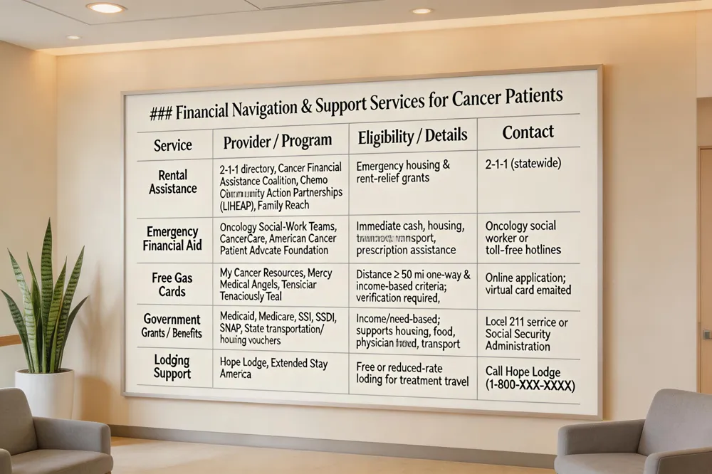 ### Financial Navigation & Support Services for Cancer Patients
| Service | Provider / Program | Eligibility / Details | Contact |
|---|---|---|---|
| Rental Assistance | 2‑1‑1 directory, Cancer Financial Assistance Coalition, Chemo Divas, Community Action Partnerships (LIHEAP), Family Reach | Emergency housing & rent‑relief grants | 2‑1‑1 (statewide) |
| Emergency Financial Aid | Oncology Social‑Work Teams, CancerCare, American Cancer Society, Patient Advocate Foundation | Immediate cash, housing, transport, prescription assistance | Oncology social worker or toll‑free hotlines |
| Free Gas Cards | My Cancer Resources, Mercy Medical Angels, Tenaciously Teal | Distance ≥ 50 mi one‑way & income‑based criteria; physician verification required | Online application; virtual card emailed |
| Government Grants / Benefits | Medicaid, Medicare, SSI, SSDI, SNAP, State transportation/housing vouchers | Income/need‑based; supports housing, food, transport | Local 211 service or Social Security Administration |
| Lodging Support | Hope Lodge, Extended Stay America | Free or reduced‑rate lodging for treatment travel | Call Hope Lodge (1‑800‑XXX‑XXXX) |
