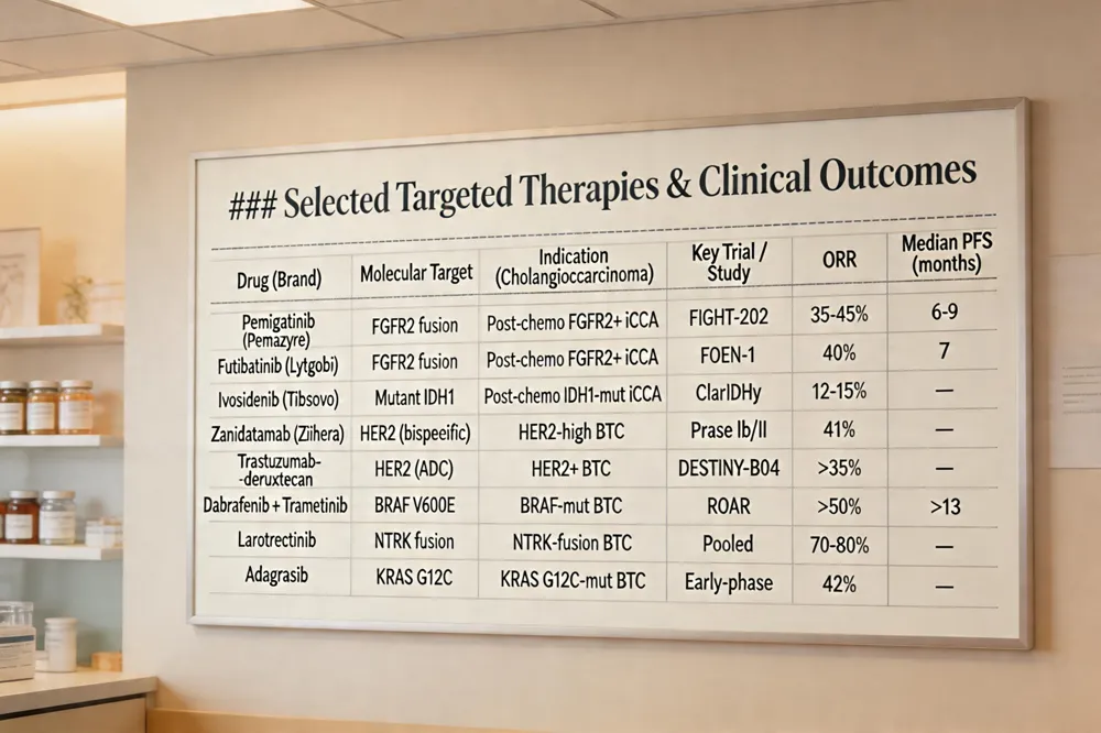 ### Selected Targeted Therapies & Clinical Outcomes
| Drug (Brand) | Molecular Target | Indication (Cholangiocarcinoma) | Key Trial / Study | ORR | Median PFS (months) |
|---|---|---|---|---|---|
| Pemigatinib (Pemazyre) | FGFR2 fusion | Post‑chemo FGFR2‑positive iCCA | FIGHT‑202 | 35‑45 % | 6‑9 |
| Futibatinib (Lytgobi) | FGFR2 fusion | Post‑chemo FGFR2‑positive iCCA | FOEN‑1 | 40 % | 7 |
| Ivosidenib (Tibsovo) | Mutant IDH1 | Post‑chemo IDH1‑mutant iCCA | ClarIDHy | 12‑15 % (PFS benefit) | — |
| Zanidatamab (Ziihera) | HER2 (bispecific) | HER2‑high extra‑hepatic BTC | Phase Ib/II | 41 % | — |
| Trastuzumab‑deruxtecan | HER2 (ADC) | HER2‑positive BTC | DESTINY‑B04 | >35 % | — |
| Dabrafenib + Trametinib | BRAF V600E | BRAF‑mutant BTC | ROAR | >50 % | >13 |
| Larotrectinib | NTRK fusion | NTRK‑fusion BTC | Pooled analysis | 70‑80 % | — |
| Adagrasib | KRAS G12C | KRAS G12C‑mutant BTC | Early‑phase | 42 % | — |
