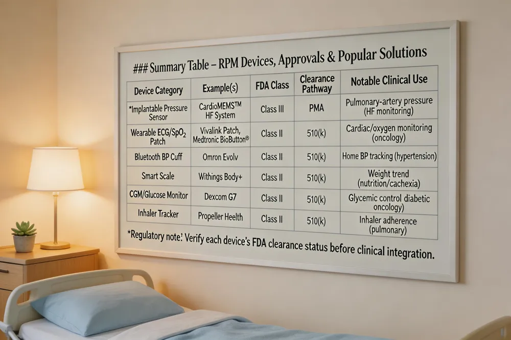 ### Summary Table – RPM Devices, Approvals & Popular Solutions
| Device Category | Example(s) | FDA Class | Clearance Pathway | Notable Clinical Use |
|---|---|---|---|---|
| Implantable Pressure Sensor | CardioMEMS™ HF System | Class III | PMA | Pulmonary‑artery pressure monitoring for HF, benchmark RPM device |
| Wearable ECG/SpO₂ Patch | Vivalink Patch, Medtronic BioButton® | Class II | 510(k) | Continuous cardiac rhythm & oxygen monitoring in oncology |
| Bluetooth Blood‑Pressure Cuff | Omron Evolv | Class II | 510(k) | Home BP tracking, hypertension management |
| Smart Scale | Withings Body+ | Class II | 510(k) | Weight trend monitoring for nutrition & cachexia |
| Portable Glucose Monitor / CGM | Dexcom G7 | Class II | 510(k) | Glycemic control for diabetic oncology patients |
| Inhaler Tracker | Propeller Health | Class II | 510(k) | Medication adherence for pulmonary comorbidities |
Regulatory note: Verify each device’s FDA clearance status before clinical integration.