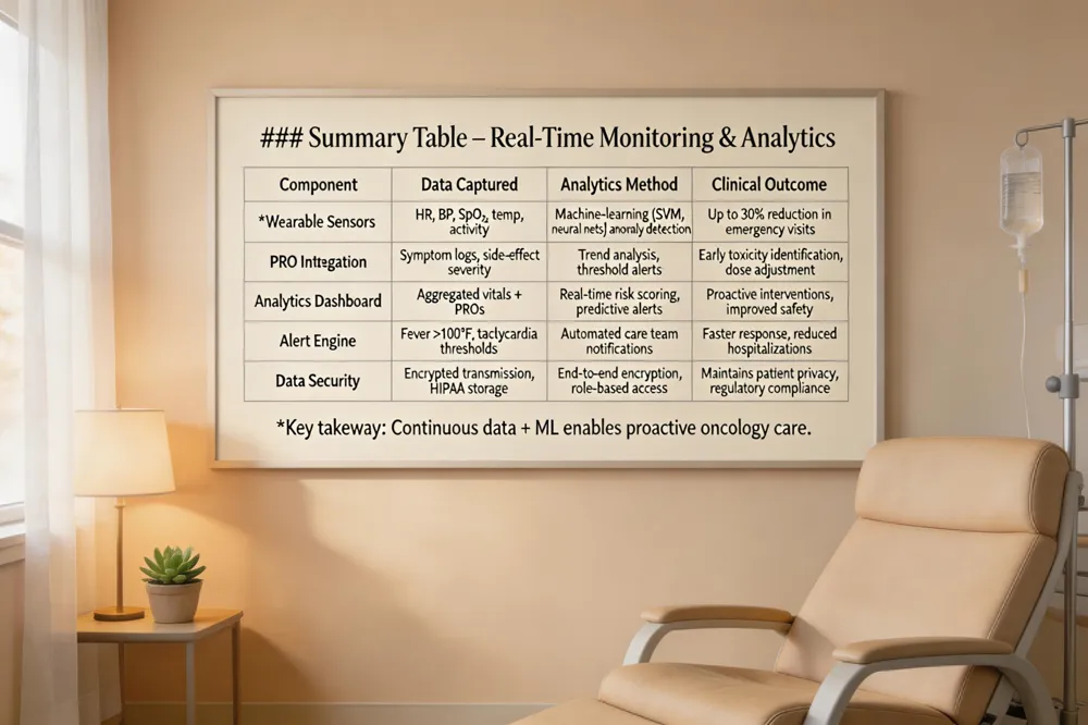### Summary Table – Real‑Time Monitoring & Analytics
| Component | Data Captured | Analytics Method | Clinical Outcome |
|---|---|---|---|
| Wearable Sensors (smartwatch, Bluetooth patch) | HR, BP, SpO₂, temperature, activity | Machine‑learning (SVM, neural nets) for anomaly detection | Up to 30 % reduction in emergency visits |
| PRO Integration (e.g., Cancer.Net Mobile) | Symptom logs, side‑effect severity | Trend analysis, threshold alerts | Early toxicity identification, dose adjustment |
| Analytics Dashboard | Aggregated vitals + PROs | Real‑time risk scoring, predictive alerts | Proactive interventions, improved safety |
| Alert Engine | Pre‑defined thresholds (fever >100 °F, tachycardia) | Automated notifications to care team | Faster response, reduced hospitalizations |
| Data Security | Encrypted transmission, HIPAA‑compliant storage | End‑to‑end encryption, role‑based access | Maintains patient privacy, regulatory compliance |
Key takeaway: Continuous data + ML enables proactive oncology care.