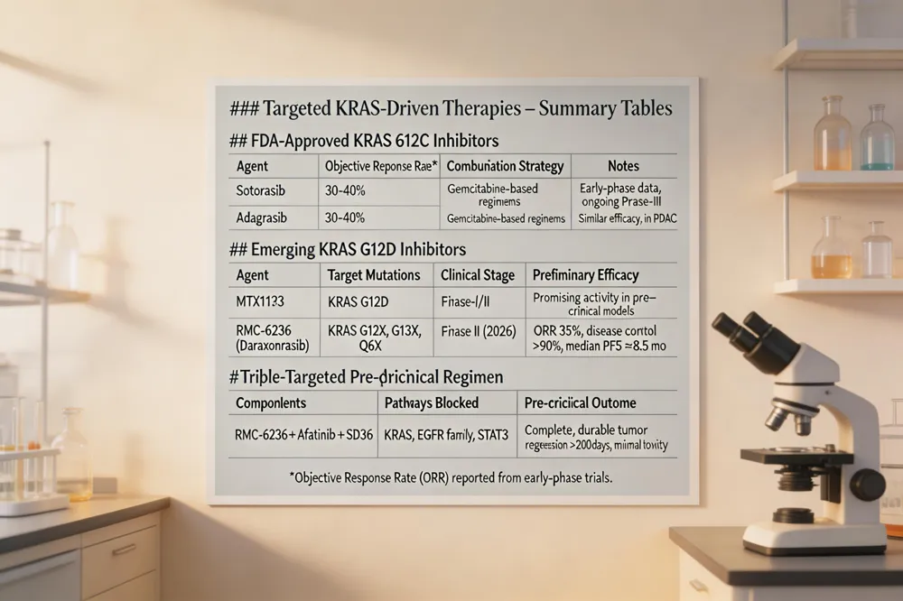 ### Targeted KRAS‑Driven Therapies – Summary Tables
FDA‑Approved KRAS G12C Inhibitors
| Agent | Objective Response Rate* | Combination Strategy | Notes |
|---|---|---|---|
| Sotorasib | 30‑40 % | Gemcitabine‑based regimens | Early‑phase data, ongoing Phase III |
| Adagrasib | 30‑40 % | Gemcitabine‑based regimens | Similar efficacy, trials in PDAC |
Emerging KRAS G12D Inhibitors
| Agent | Target Mutations | Clinical Stage | Preliminary Efficacy |
|---|---|---|---|
| MRTX1133 | KRAS G12D | Phase I/II | Promising activity in pre‑clinical models |
| RMC‑6236 (Daraxonrasib) | KRAS G12X, G13X, Q61X | Phase II (2026) | ORR 35 %, disease control >90 %, median PFS ≈8.5 mo |
Triple‑Targeted Pre‑clinical Regimen
| Components | Pathways Blocked | Pre‑clinical Outcome |
|---|---|---|
| RMC‑6236 + Afatinib + SD36 | KRAS, EGFR family, STAT3 | Complete, durable tumor regression >200 days, minimal toxicity |
*Objective Response Rate (ORR) reported from early‑phase trials.