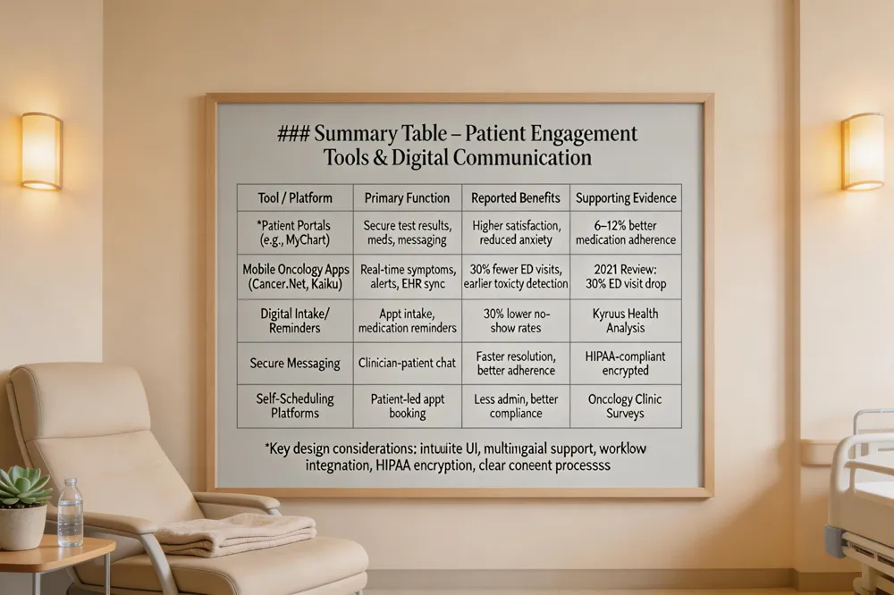 ### Summary Table – Patient Engagement Tools & Digital Communication
| Tool / Platform | Primary Function | Reported Benefits | Supporting Evidence |
|---|---|---|---|
| Patient Portals (e.g., MyChart) | Secure access to test results, medication lists, messaging | Higher patient satisfaction, empowerment, reduced anxiety | Studies show 6–12 % increase in medication adherence |
| Mobile Oncology Apps (Cancer.Net Mobile, Kaiku Health) | Real‑time symptom reporting, automated alerts, EHR integration | Earlier toxicity detection, reduced ED visits (up to 30 %) | Systematic review 2021 reports 30 % drop in ED visits |
| Digital Intake & Reminder Systems | Automated appointment intake, medication reminders | Cut no‑show rates up to 30 % | Kyruus health digital intake analysis |
| Secure Messaging | Direct clinician‑patient communication | Faster issue resolution, improved adherence | HIPAA‑compliant platforms with encrypted messaging |
| Self‑Scheduling Platforms | Patient‑driven appointment booking | Reduced administrative burden, increased visit compliance | Survey data from oncology clinics |
Key design considerations: intuitive UI, multilingual support, workflow integration, HIPAA‑compliant encryption, clear consent processes.