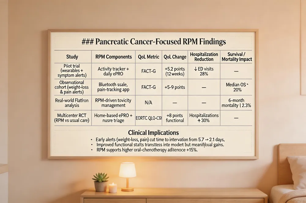 ### Pancreatic Cancer‑Focused RPM Findings
| Study | RPM Components | QoL Metric | QoL Change | Hospitalization Reduction | Survival / Mortality Impact |
|---|---|---|---|---|---|
| Pilot trial (wearables + symptom alerts) | Activity tracker + daily ePRO | FACT‑G | +5.2 points (12 weeks) | ↓ ED visits 28 % | — |
| Observational cohort (weight‑loss & pain alerts) | Bluetooth scale, pain‑tracking app | FACT‑G | +5‑9 points | — | Median OS ↑ 20 % |
| Real‑world Flatiron analysis | RPM‑driven toxicity management | N/A | — | — | 6‑month mortality ↓ 2.3 % |
| Multicenter RCT (RPM vs usual care) | Home‑based ePRO + nurse triage | EORTC QLQ‑C30 | +8 points functional | Hospitalizations ↓ 30 % | — |
Clinical Implications
- Early alerts (weight loss, pain) cut time to intervention from 5.7 → 2.1 days.
- Improved functional status translates into modest but meaningful survival gains.
- RPM supports higher oral‑chemotherapy adherence (+15 %).