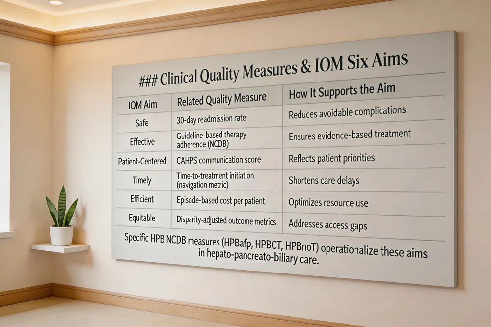### Clinical Quality Measures & IOM Six Aims
| IOM Aim | Related Quality Measure | How It Supports the Aim |
|---|---|---|
| Safe | 30‑day readmission rate | Reduces avoidable complications |
| Effective | Guideline‑based therapy adherence (NCDB) | Ensures evidence‑based treatment |
| Patient‑Centered | CAHPS communication score | Reflects patient priorities |
| Timely | Time‑to‑treatment initiation (navigation metric) | Shortens care delays |
| Efficient | Episode‑based cost per patient | Optimizes resource use |
| Equitable | Disparity‑adjusted outcome metrics | Addresses access gaps |
Specific HPB NCDB measures (HPBafp, HPBCT, HPBnoT) operationalize these aims in hepato‑pancreato‑biliary care.