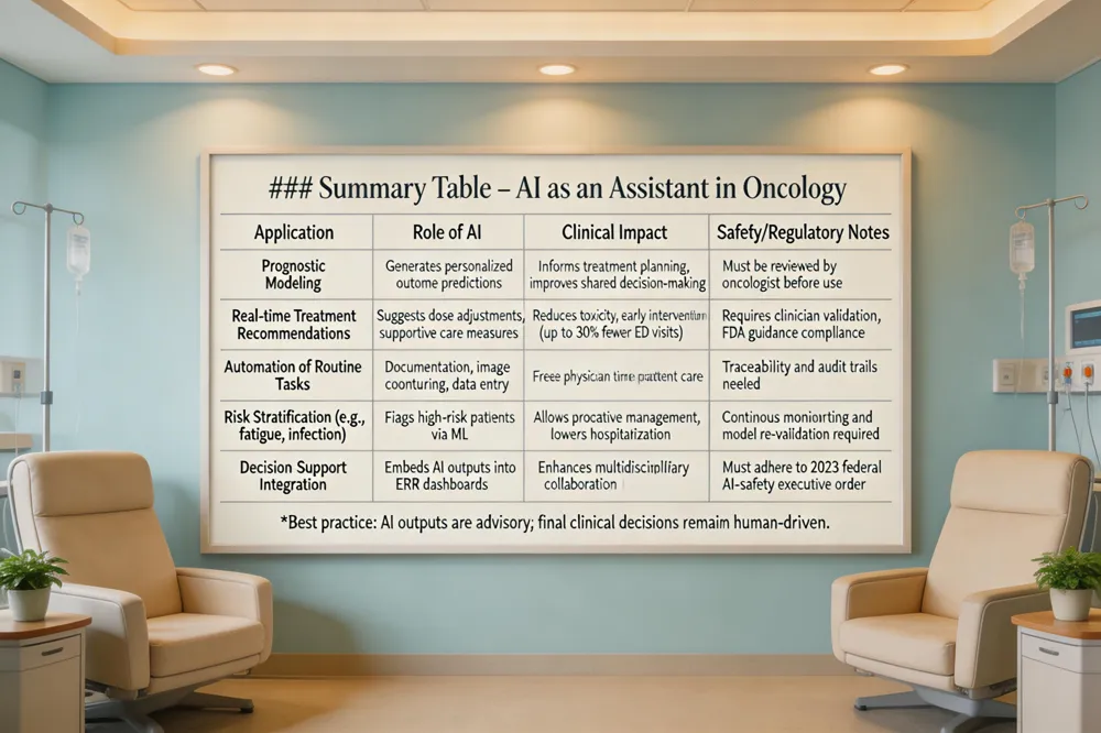 ### Summary Table – AI as an Assistant in Oncology
| Application | Role of AI | Clinical Impact | Safety/Regulatory Notes |
|---|---|---|---|
| Prognostic Modeling | Generates personalized outcome predictions | Informs treatment planning, improves shared decision‑making | Must be reviewed by oncologist before use |
| Real‑time Treatment Recommendations | Suggests dose adjustments, supportive care measures | Reduces toxicity, early intervention (up to 30 % fewer ED visits) | Requires clinician validation, FDA guidance compliance |
| Automation of Routine Tasks | Documentation, image contouring, data entry | Frees physician time for patient care | Traceability and audit trails needed |
| Risk Stratification (e.g., fatigue, infection) | Flags high‑risk patients via ML | Allows proactive management, lowers hospitalization | Continuous monitoring and model re‑validation required |
| Decision‑Support Integration | Embeds AI outputs into EHR dashboards | Enhances multidisciplinary collaboration | Must adhere to 2023 federal AI‑safety executive order |
Best practice: AI outputs are advisory; final clinical decisions remain human‑driven.