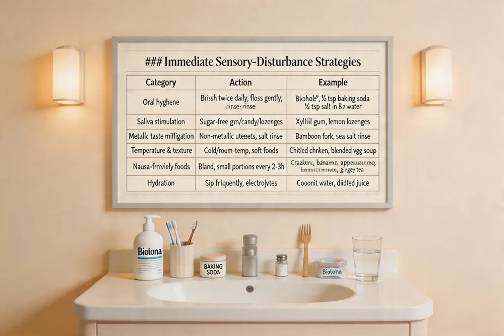 ### Immediate Sensory‑Disturbance Strategies
| Category | Action | Example |
|--------------|------------|-------------|
| Oral hygiene | Brush twice daily, floss gently, rinse | alcohol‑free mouthwash or baking‑soda‑salt solution | Biotene®, homemade ½ tsp baking soda + ¼ tsp salt in 8 oz water |
| Saliva stimulation | Sugar‑free gum, hard candy, chewable lozenges | Xylitol gum, lemon‑flavored lozenges |
| Metallic taste mitigation | Non‑metallic utensils, rinse with water/salt‑water, add flavor boosters | Bamboo fork, ½ tsp sea salt water rinse, splash of lemon juice |
| Temperature & texture | Prefer cold/room‑temp foods, pureed or soft textures | Chilled poached chicken, blended vegetable soup |
| Nausea‑friendly foods | Bland, easy‑digestible, small portions every 2‑3 h | Plain crackers, banana, applesauce, ginger tea |
| Hydration | Sip water frequently, consider electrolyte drinks | Coconut water, diluted fruit juice |

