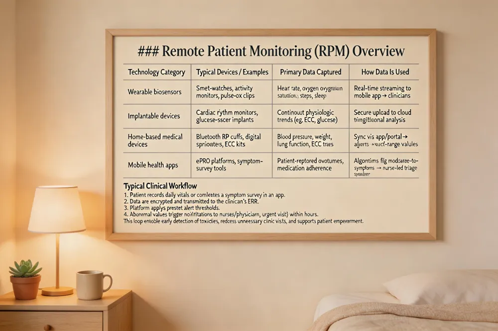 ### Remote Patient Monitoring (RPM) Overview
| Technology Category | Typical Devices / Examples | Primary Data Captured | How Data Is Used |
|---|---|---|---|
| Wearable biosensors | Smart‑watches, activity monitors, pulse‑ox clips | Heart rate, oxygen saturation, steps, sleep | Real‑time streaming to mobile app → alerts to clinicians |
| Implantable devices | Cardiac rhythm monitors, glucose‑sensor implants | Continuous physiologic trends (e.g., ECG, glucose) | Secure upload to cloud platform → longitudinal analysis |
| Home‑based medical devices | Bluetooth BP cuffs, digital scales, spirometers, ECG kits | Blood pressure, weight, lung function, ECG traces | Sync via app/portal → structured alerts for out‑of‑range values |
| Mobile health apps | ePRO platforms, symptom‑survey tools | Patient‑reported outcomes, medication adherence | Algorithms flag moderate‑to‑severe symptoms → nurse‑led triage |
Typical Clinical Workflow
- Patient records daily vitals or completes a symptom survey in an app.
- Data are encrypted and transmitted to the clinician’s EHR.
- Platform applies preset alert thresholds.
- Abnormal values trigger notifications to nurses/physicians.
- Clinician intervenes (phone call, medication adjustment, urgent visit) within hours.
This loop enables early detection of toxicities, reduces unnecessary clinic visits, and supports patient empowerment.