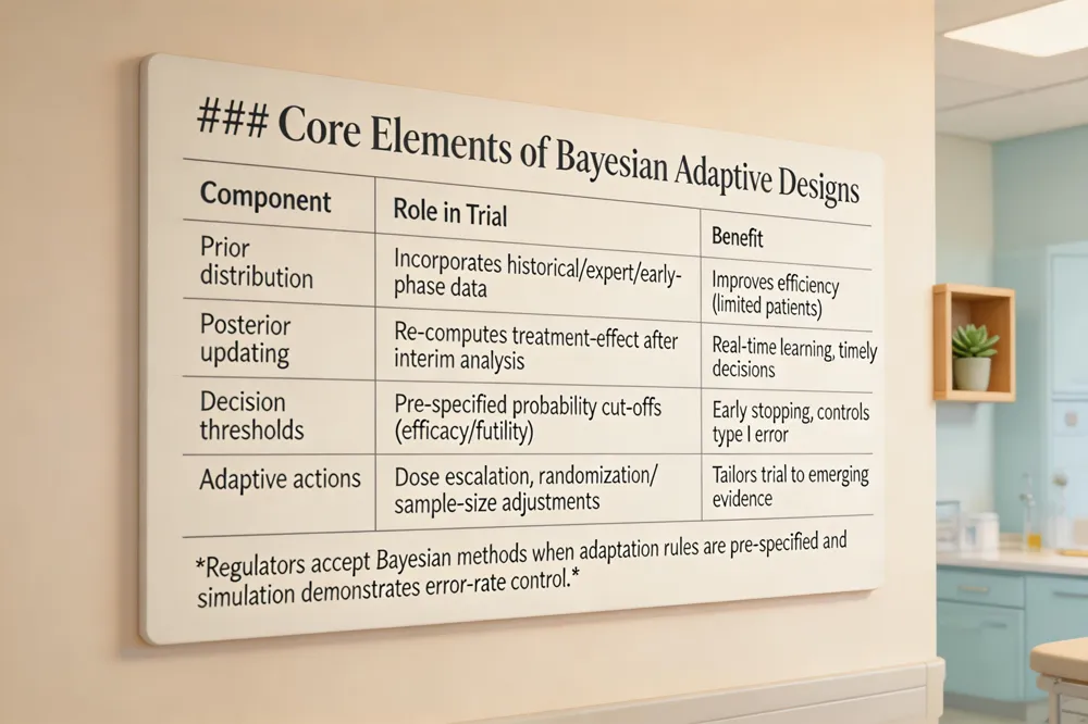 ### Core Elements of Bayesian Adaptive Designs
| Component | Role in Trial | Benefit |
|---|---|---|
| Prior distribution | Incorporates historical data, expert opinion, or early‑phase results before patient accrual | Improves efficiency, especially when patient numbers are limited |
| Posterior updating | Re‑computes treatment‑effect distribution after each interim analysis | Enables real‑time learning and timely decisions |
| Decision thresholds | Pre‑specified posterior probability cut‑offs for efficacy or futility | Allows early stopping while controlling type I error |
| Adaptive actions | Dose escalation, randomization probability changes, sample‑size adjustments | Tailors trial to emerging evidence, enriches responders |
Regulators accept Bayesian methods when adaptation rules are pre‑specified and simulation demonstrates error‑rate control.