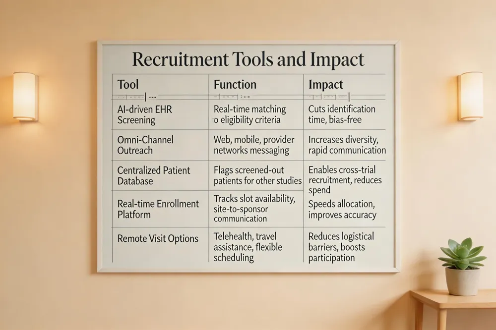 Recruitment Tools and Impact
| Tool | Function | Impact |
|---|
| AI‑driven EHR Screening | Real‑time matching to eligibility criteria | Cuts identification time, bias‑free | | Omni‑Channel Outreach | Web, mobile, provider networks messaging | Increases diversity, rapid communication | | Centralized Patient Database | Flags screened‑out patients for other studies | Enables cross‑trial recruitment, reduces spend | | Real‑time Enrollment Platform | Tracks slot availability, site‑to‑sponsor communication | Speeds allocation, improves accuracy | | Remote Visit Options | Telehealth, travel assistance, flexible scheduling | Reduces logistical barriers, boosts participation | 