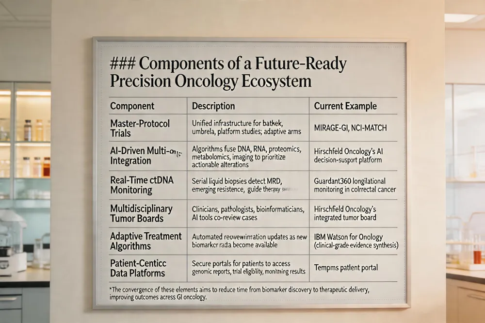 ### Components of a Future‑Ready Precision Oncology Ecosystem
| Component | Description | Current Example |
|---|---|---|
| Master‑Protocol Trials | Unified infrastructure for basket, umbrella, and platform studies; adaptive arms | MIRAGE‑GI, NCI‑MATCH |
| AI‑Driven Multi‑omics Integration | Algorithms fuse DNA, RNA, proteomics, metabolomics, imaging to prioritize actionable alterations | Hirschfeld Oncology’s AI decision‑support platform |
| Real‑Time ctDNA Monitoring | Serial liquid biopsies detect MRD, emerging resistance, guide therapy switches | Guardant360 longitudinal monitoring in colorectal cancer |
| Multidisciplinary Tumor Boards | Clinicians, pathologists, bioinformaticians, and AI tools co‑review cases | Hirschfeld Oncology’s integrated tumor board |
| Adaptive Treatment Algorithms | Automated recommendation updates as new biomarker data become available | IBM Watson for Oncology (clinical‑grade evidence synthesis) |
| Patient‑Centric Data Platforms | Secure portals for patients to access genomic reports, trial eligibility, and monitoring results | Tempus patient portal |
The convergence of these elements aims to reduce time from biomarker discovery to therapeutic delivery, improving outcomes across GI oncology.
