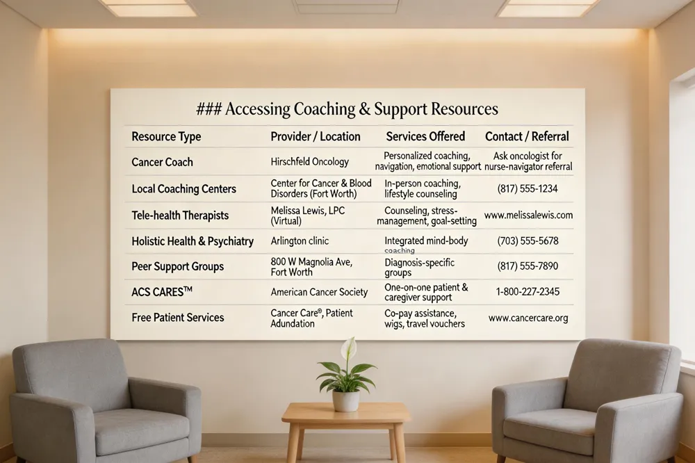 ### Accessing Coaching & Support Resources
| Resource Type | Provider / Location | Services Offered | Contact / Referral |
|---|---|---|---|
| Cancer Coach | Hirschfeld Oncology (Multidisciplinary staff) | Personalized coaching, navigation, emotional support | Ask oncologist for nurse‑navigator referral |
| Local Coaching Centers | Center for Cancer & Blood Disorders (Fort Worth) | In‑person coaching, lifestyle counseling | (817) 555‑1234 |
| Tele‑health Therapists | Melissa Lewis, LPC (Virtual) | Counseling, stress‑management, goal‑setting | www.melissalewis.com |
| Holistic Health & Psychiatry | Arlington clinic | Integrated mind‑body coaching | (703) 555‑5678 |
| Peer Support Groups | Monthly meeting at 800 W Magnolia Ave., Fort Worth | Diagnosis‑specific groups (Breast, Lung, Pancreatic, etc.) | Call (817) 555‑7890 |
| ACS CARES™ | American Cancer Society | One‑on‑one patient & caregiver support | 1‑800‑227‑2345 |
| Free Patient Services | Cancer Care®, Patient Advocate Foundation | Co‑pay assistance, drug‑cost programs, wigs, travel vouchers | www.cancercare.org |
