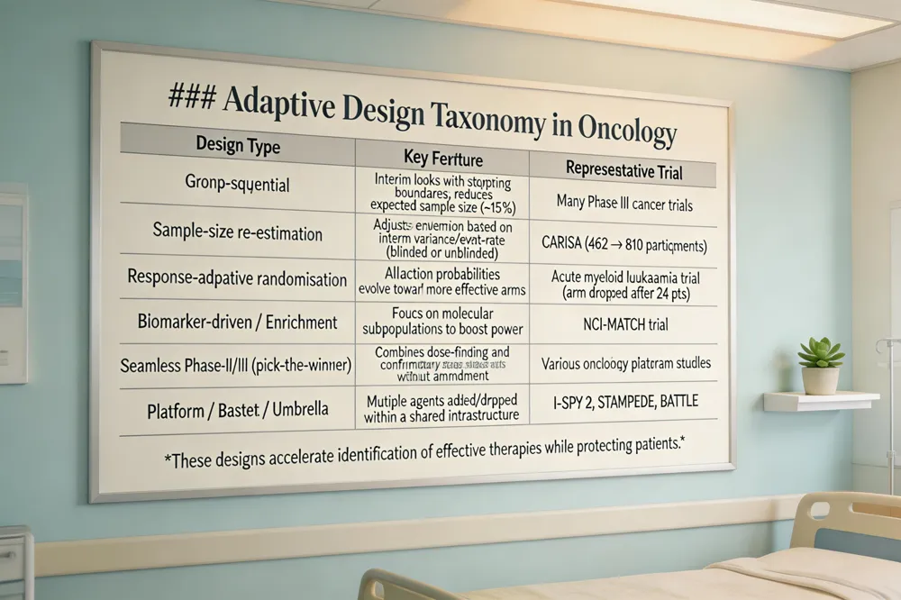 ### Adaptive Design Taxonomy in Oncology
| Design Type | Key Feature | Representative Trial |
|---|---|---|
| Group‑sequential | Interim looks with stopping boundaries; reduces expected sample size (~15 %) | Many Phase III cancer trials |
| Sample‑size re‑estimation | Adjusts enrollment based on interim variance/event‑rate (blinded or unblinded) | CARISA (462 → 810 participants) |
| Response‑adaptive randomisation | Allocation probabilities evolve toward more effective arms | Acute myeloid leukaemia trial (arm dropped after 24 pts) |
| Biomarker‑driven / Enrichment | Focus on molecular subpopulations to boost power | NCI‑MATCH trial |
| Seamless Phase II/III (pick‑the‑winner) | Combines dose‑finding and confirmatory stages without amendment | Various oncology platform studies |
| Platform / Basket / Umbrella | Multiple agents added/dropped within a shared infrastructure | I‑SPY 2, STAMPEDE, BATTLE |
These designs accelerate identification of effective therapies while protecting patients.