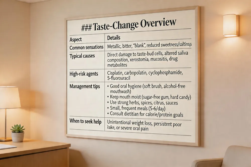 ### Taste‑Change Overview
| Aspect | Details |
|---|---|
| Common sensations | Metallic, bitter, “blank”, reduced sweetness/saltiness |
| Typical causes | Direct damage to taste‑bud cells, altered saliva composition, xerostomia, mucositis, drug metabolites |
| High‑risk agents | Cisplatin, carboplatin, cyclophosphamide, 5‑fluorouracil |
| Management tips | • Good oral hygiene (soft brush, alcohol‑free mouthwash)
• Keep mouth moist (sugar‑free gum, hard candy)
• Use strong herbs, spices, citrus, sauces
• Small, frequent meals (5‑6 /day)
• Consult dietitian for calorie/protein goals |
| When to seek help | Unintentional weight loss, persistent poor intake, or severe oral pain |
